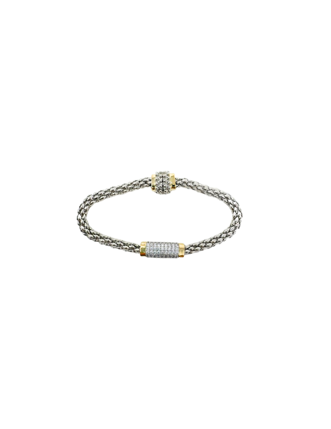 Silver mesh bracelet with two gold-tone stations encrusted with cubic zirconia accents.