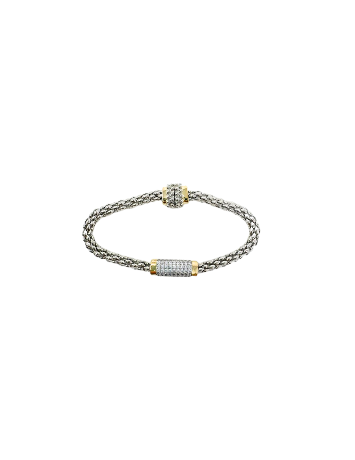 Silver mesh bracelet with two gold-tone stations encrusted with cubic zirconia accents.