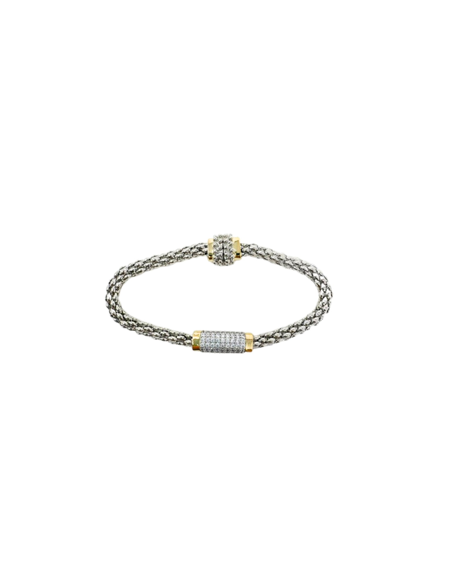 Silver mesh bracelet with two gold-tone stations encrusted with cubic zirconia accents.