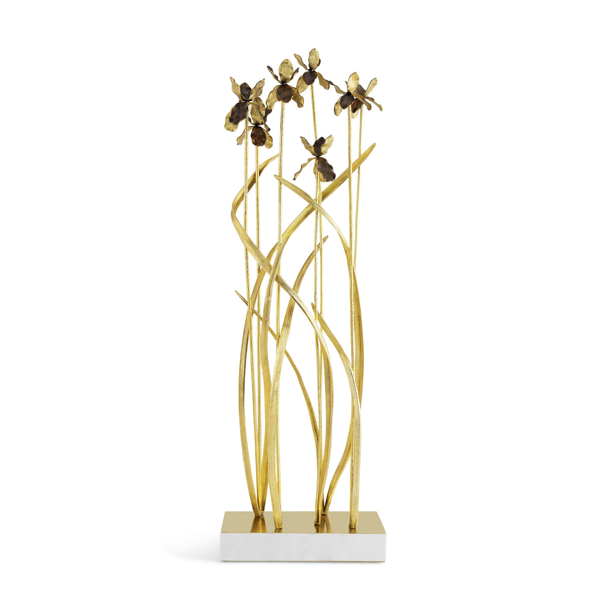 Black iris garden sculpture with oxidized brass accents on a marble base