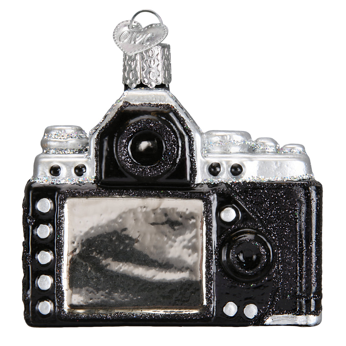 Black and silver glittery glass camera Christmas ornament with a heart-shaped tag.