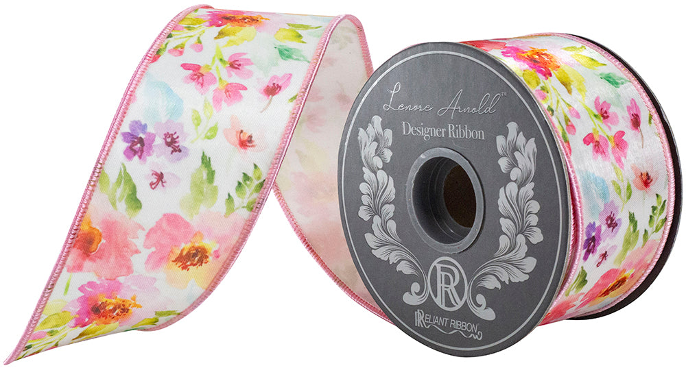Deluxe fused wired edge ribbon in white with pink watercolor floral pattern