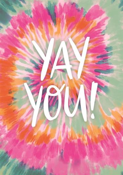 White rectangular greeting card with bold black 'YAY YOU!' typography on the front and congrats message inside.