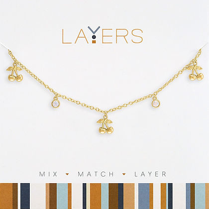 Gold Multi Mini Cherry Layers Necklace with three gold cherry charms and two small crystal accents.