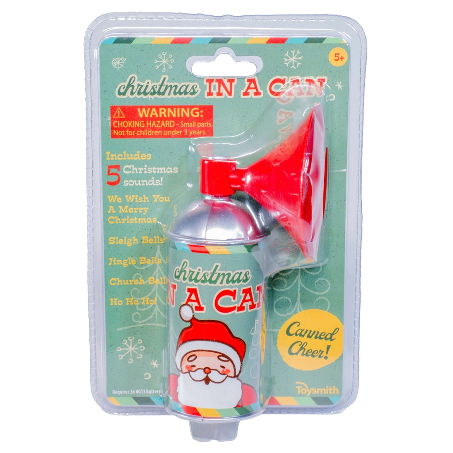 Christmas in a Can toy with a red horn, featuring 5 holiday sounds in festive packaging.