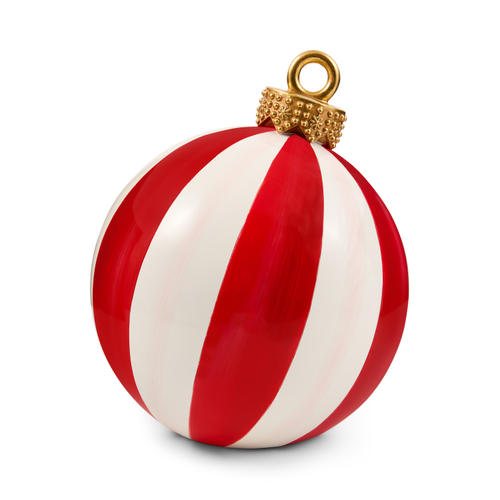 Medium tabletop ornament with red and white vertical stripes and a gold decorative cap.