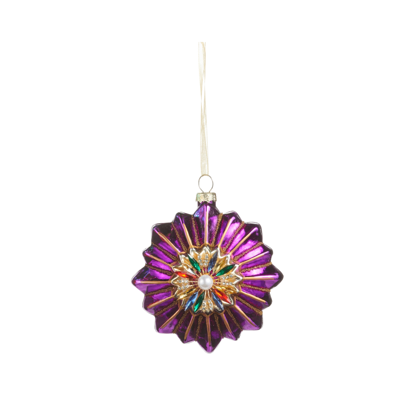4-inch purple glass star medallion ornament with colorful jewels and a central pearl accent.