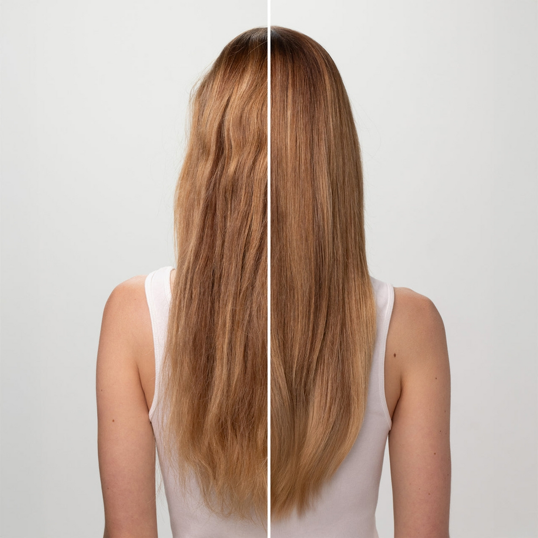 Split view of long hair showing frizzy texture on the left and smooth, shiny hair on the right.