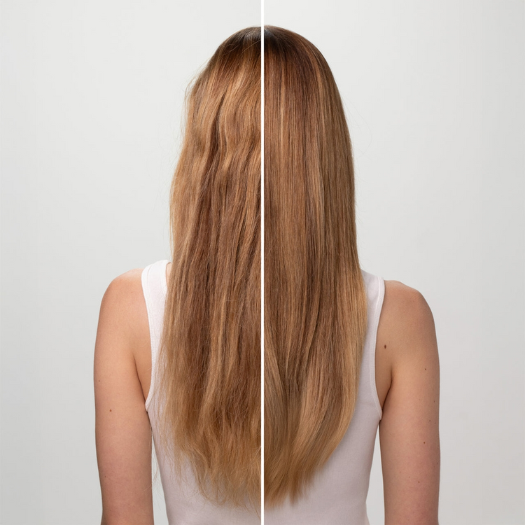 Split view of long hair showing frizzy texture on the left and smooth, shiny hair on the right.