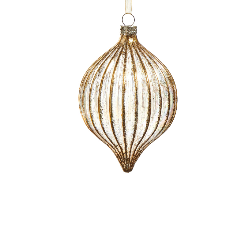 4-inch gold ribbed glass ornament with a teardrop shape and metallic finish.