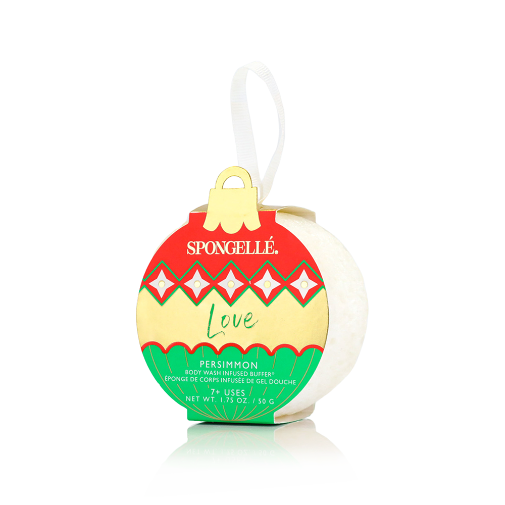 Holiday Ornament Body Wash bottle with festive wreath-themed label