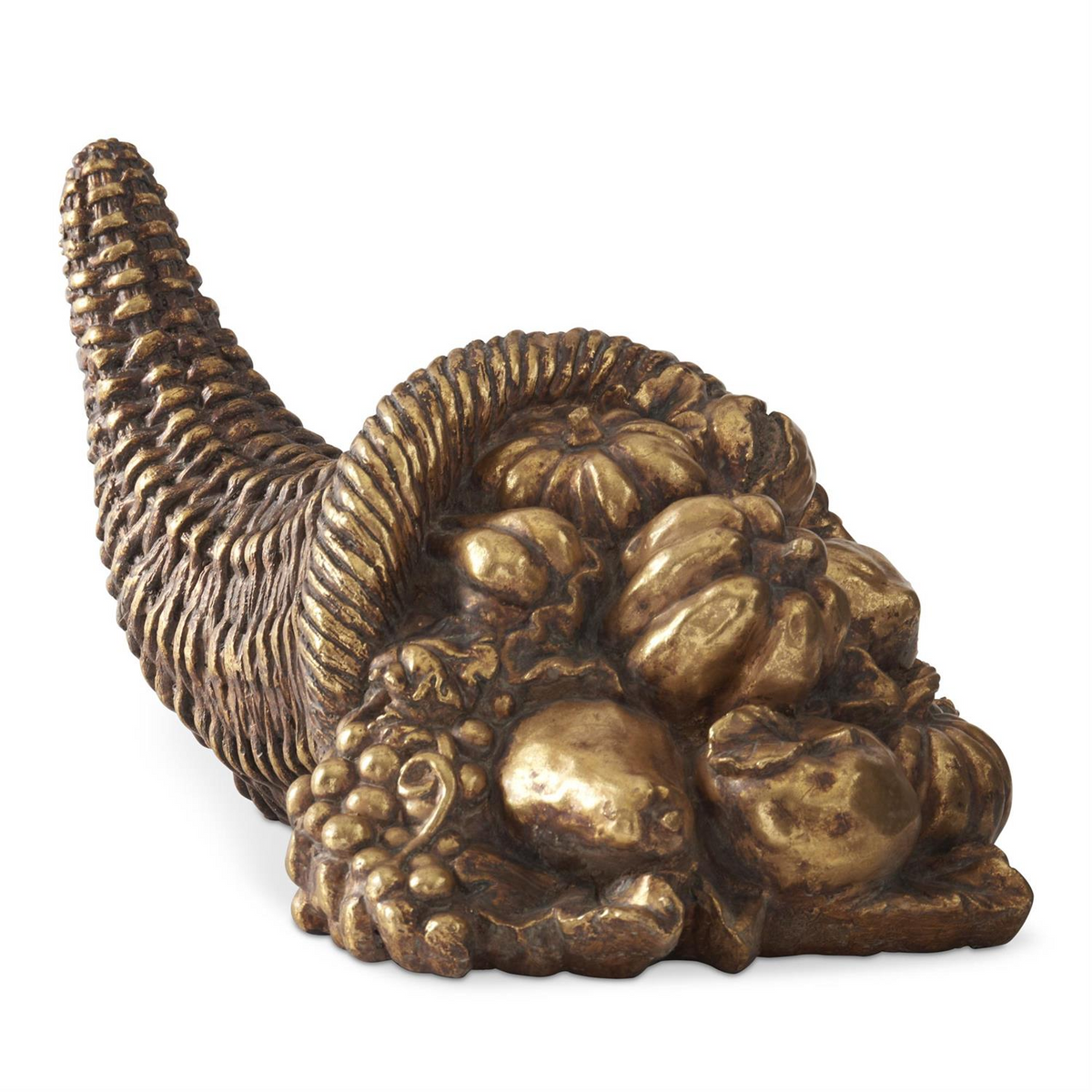 8.25 inch gold resin cornucopia sculpture filled with pumpkins, grapes, and fall fruit.