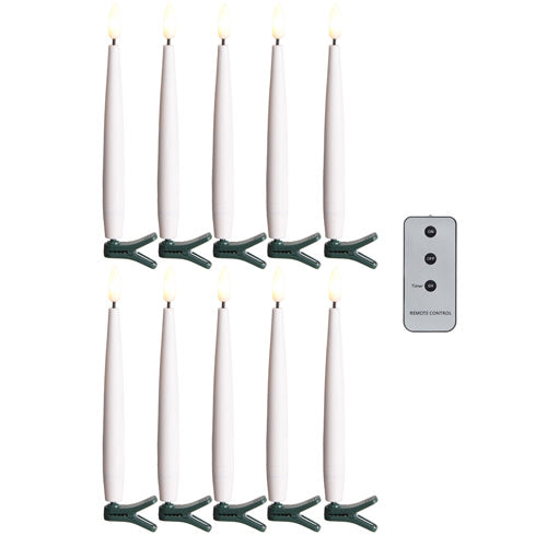 Set of ten 6-inch white clip-on LED taper candles with a silver remote control.