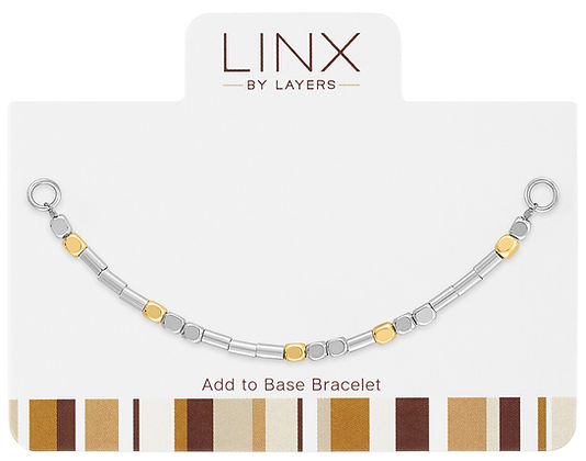 Silver and gold two-tone mini beaded LINX add-on bracelet on a white display card.