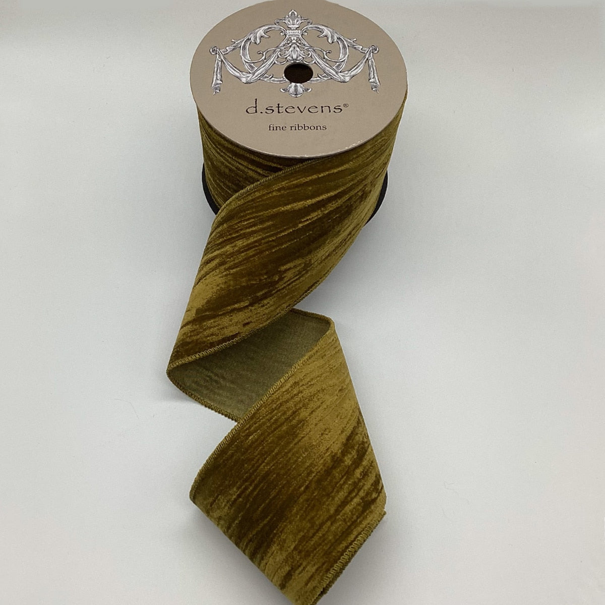 4-inch wide umber velvet ribbon with a vintage chic satin back on a d.stevens spool.
