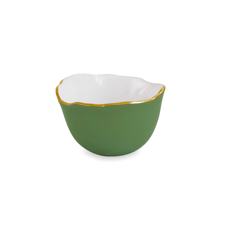 Small leaf green bowl with a white interior and an irregular gold-trimmed rim.