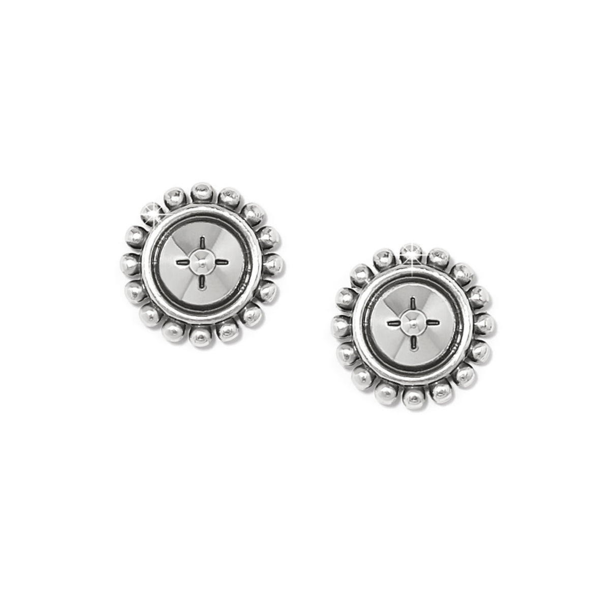 Mosaic Mojave silver plated post earrings with a circular beaded border and central cross design.
