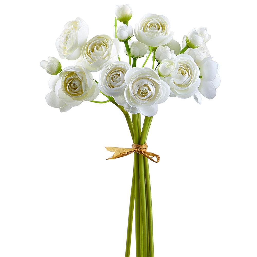 Bundle of ten-inch artificial ranunculus flowers in a plastic container with glue backing.