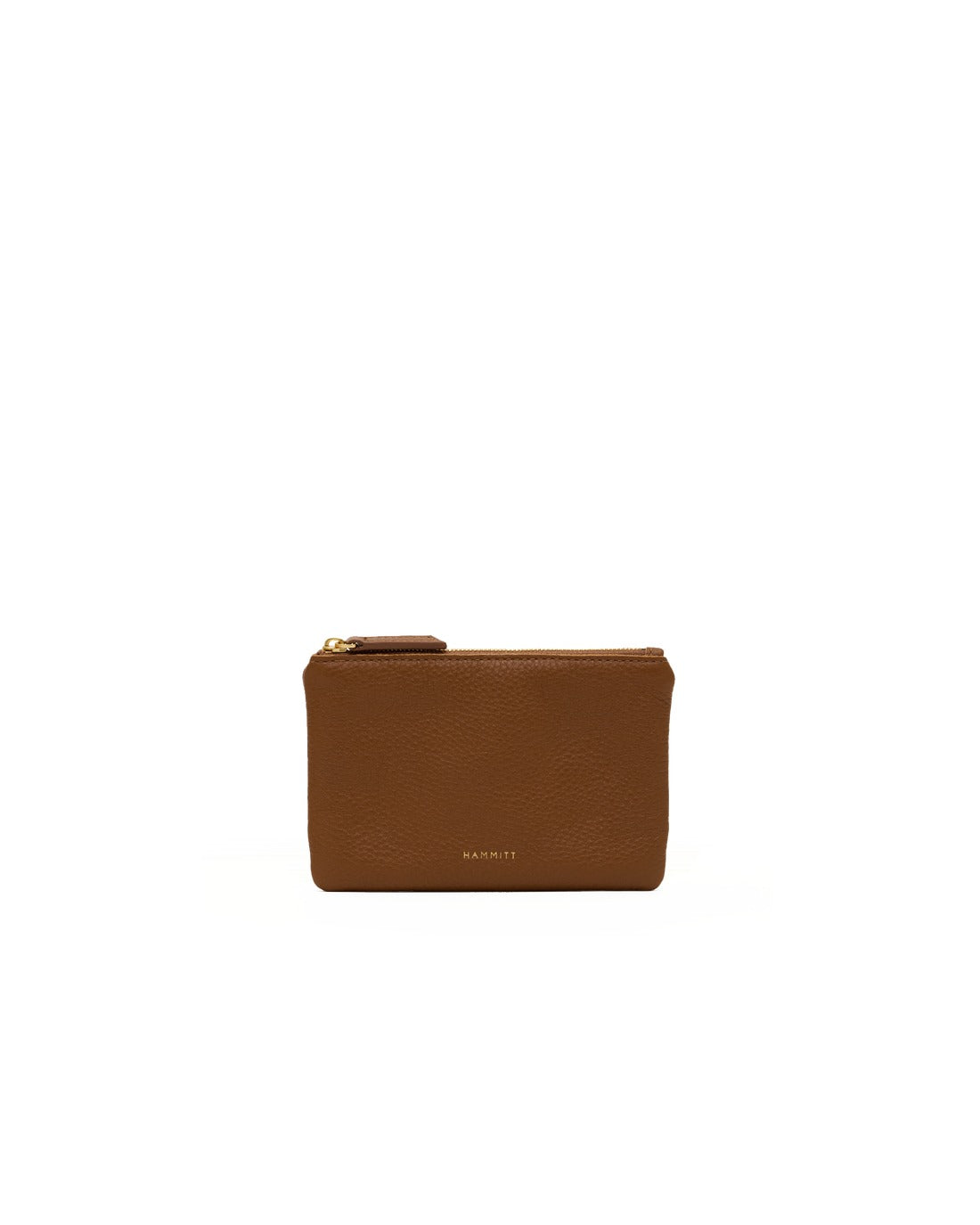 Brown pebbled leather Viva Pouch with a gold zipper and Hammitt logo.