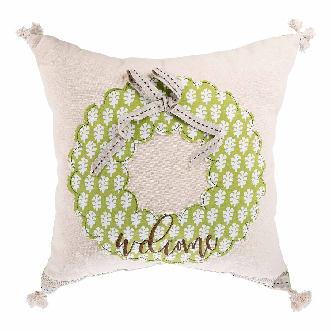 Green Welcome Wreath Pillow