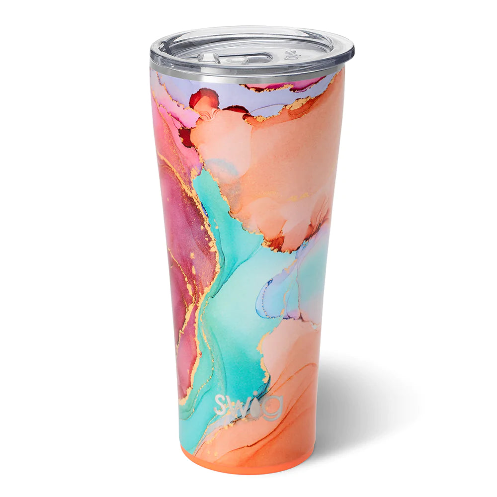 32oz stainless steel tumbler with a colorful abstract alcohol ink pattern and a clear lid.
