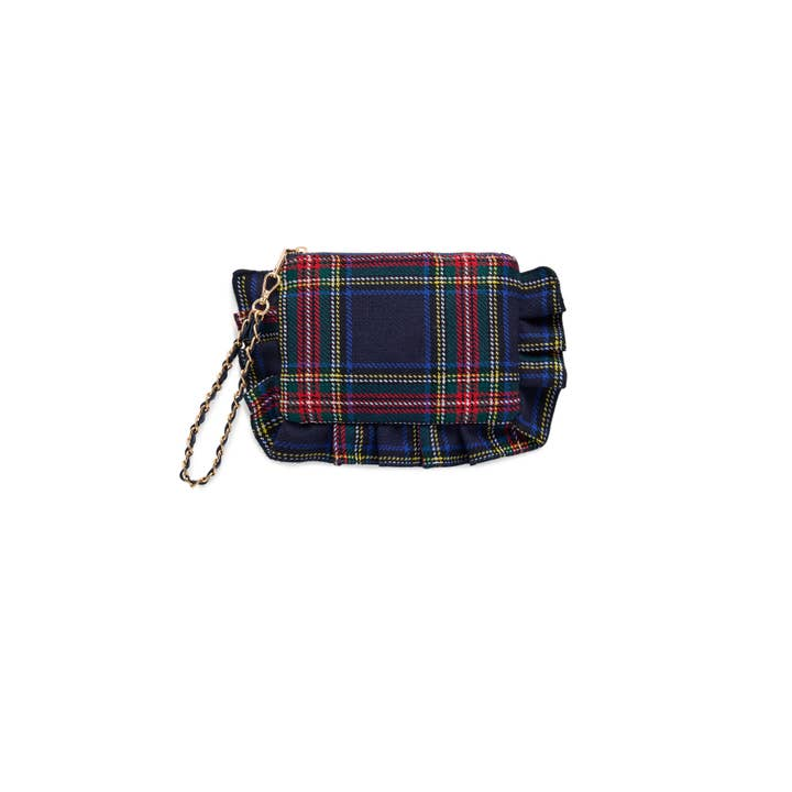 Navy and red plaid Scottie Ruffle Wristlet with a gold-tone chain strap and ruffled edges.