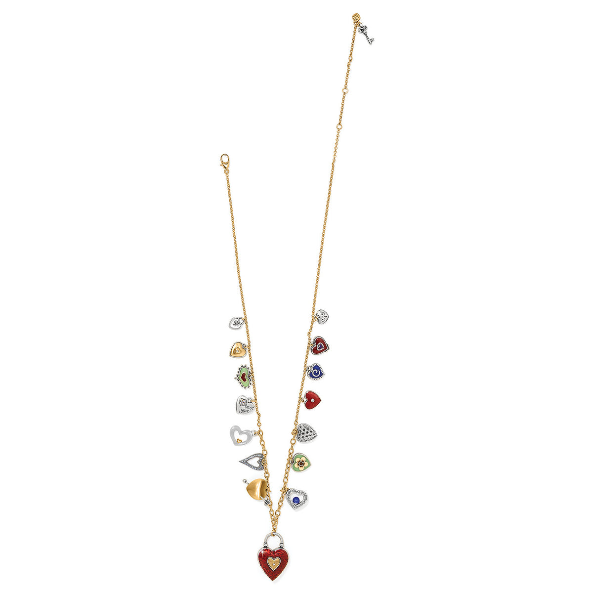 One Heart Long Necklace featuring a gold-tone chain with various colorful heart-shaped charms.