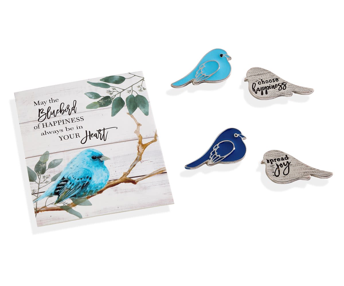 Bluebird Token pendant featuring a blue bird silhouette on a gold-tone chain.