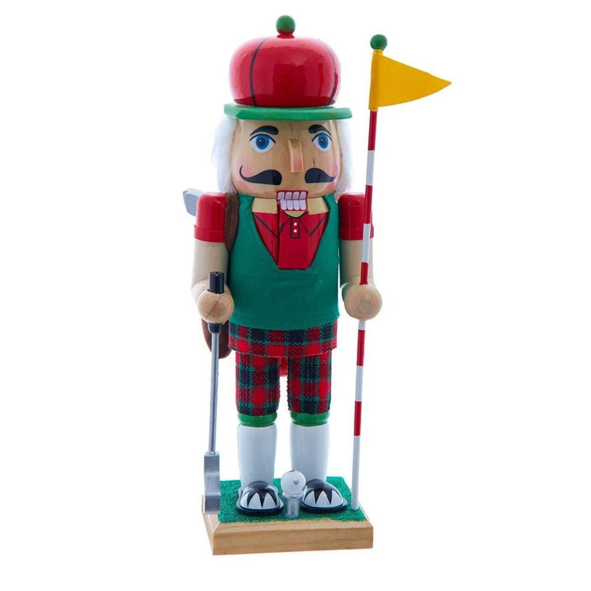 12-inch wooden golf nutcracker in a green vest and plaid pants holding a golf club and flag.
