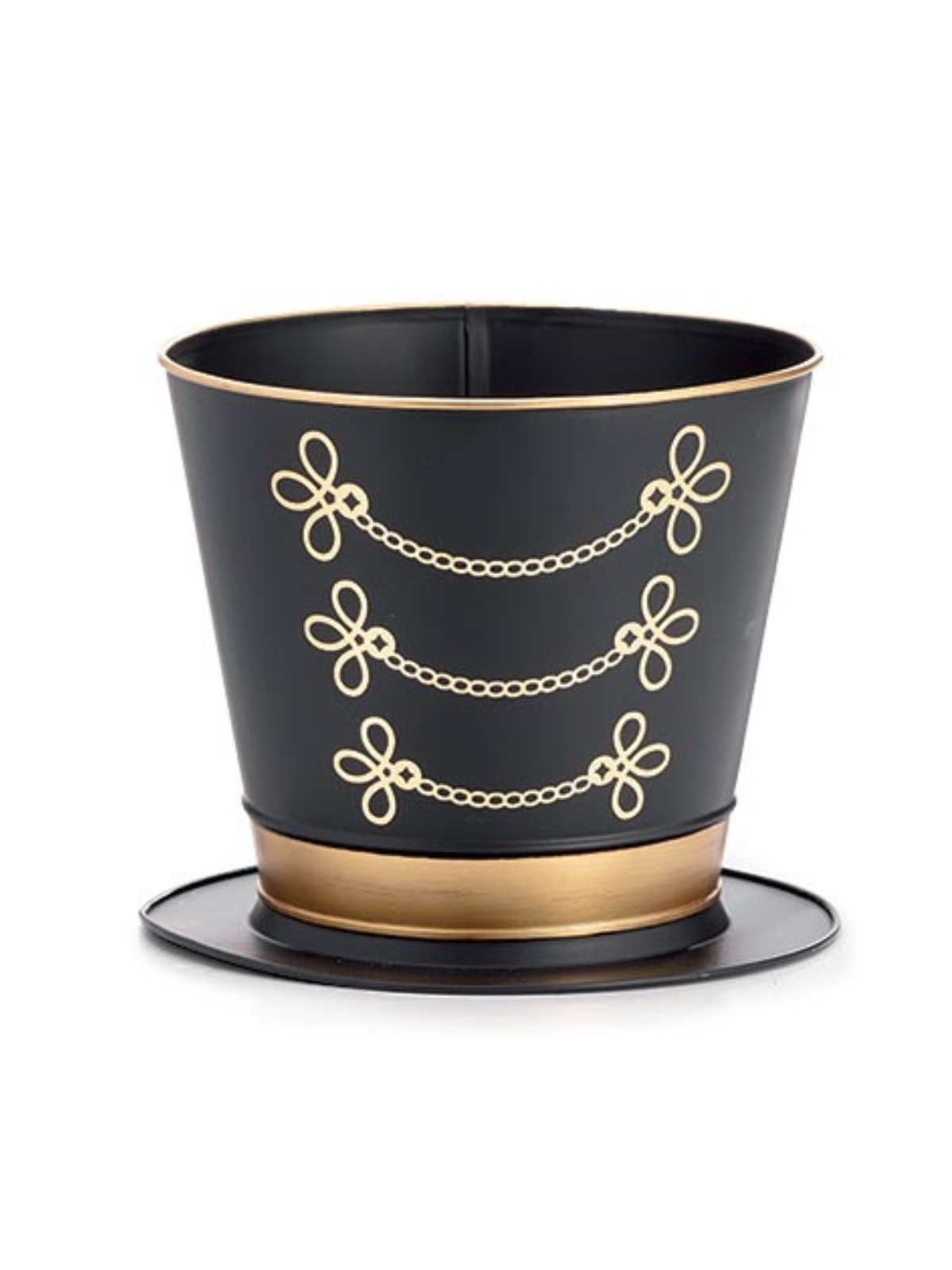 Hand-painted tin planter shaped like a nutcracker hat with gold accents and decorative band.