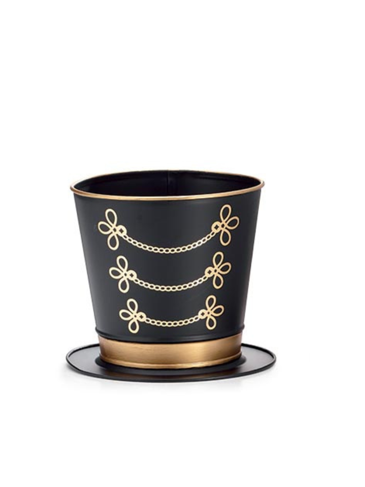 Gold-accented nutcracker hat planter with decorative band holding a small plant.