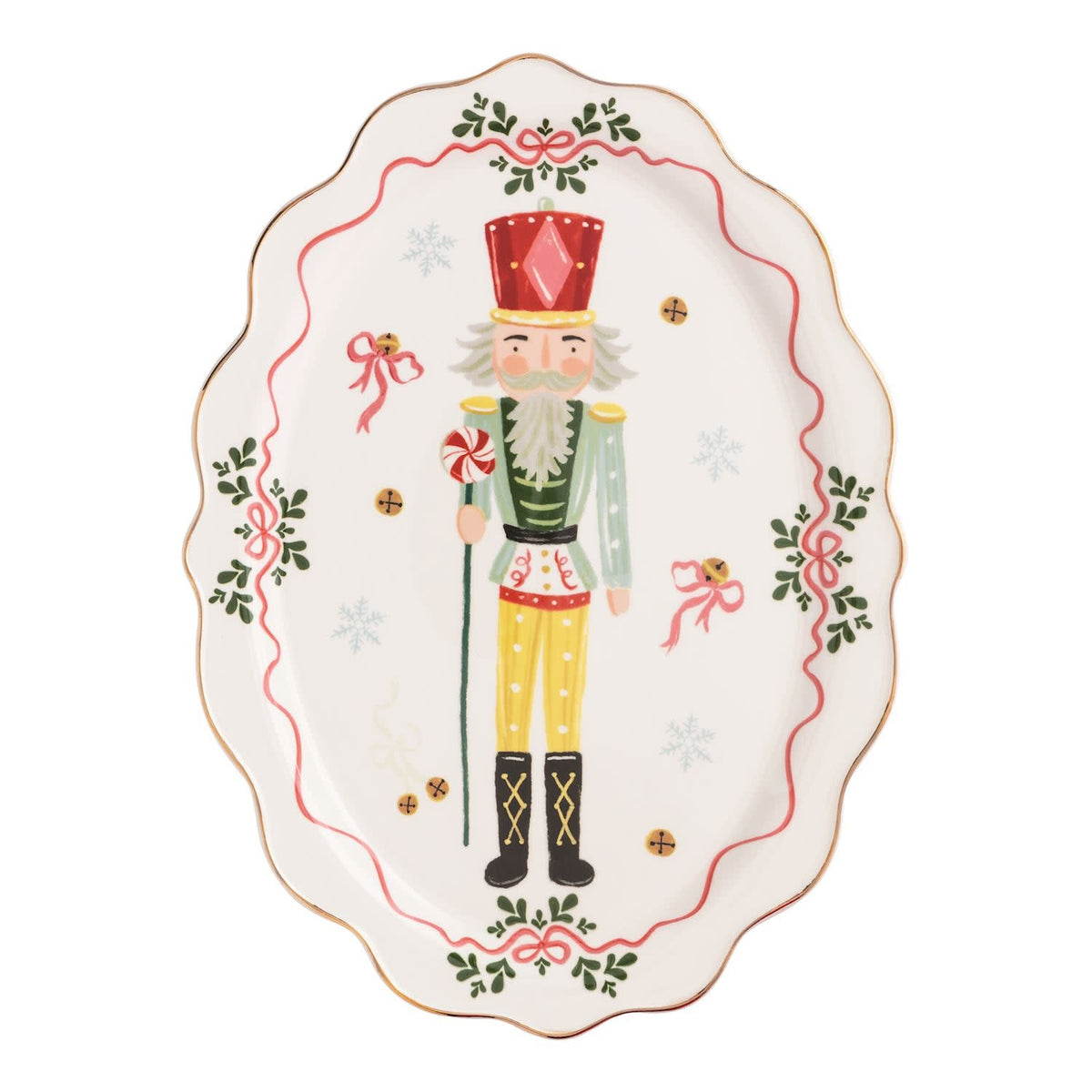 Ceramic nutcracker platter with hand-painted scalloped edge in dolomite material.