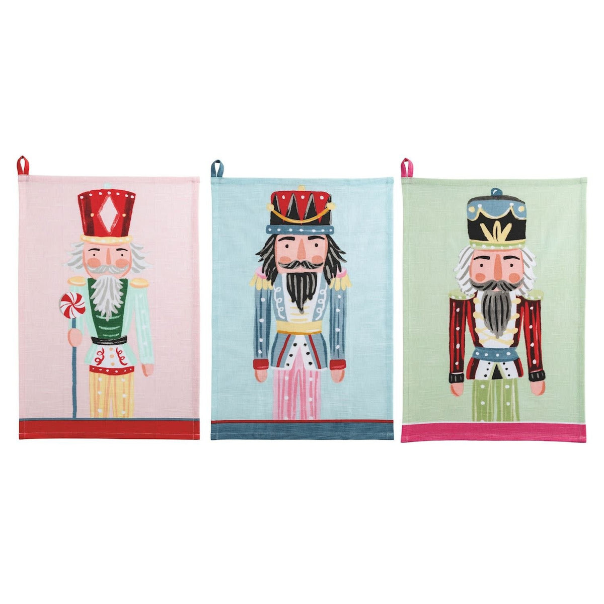 Cotton hand towel with nutcracker-themed contrast trim hem.