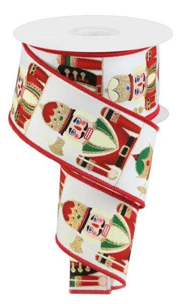 2.5-inch wide white wired ribbon featuring a repeating nutcracker pattern in red, green, and gold.