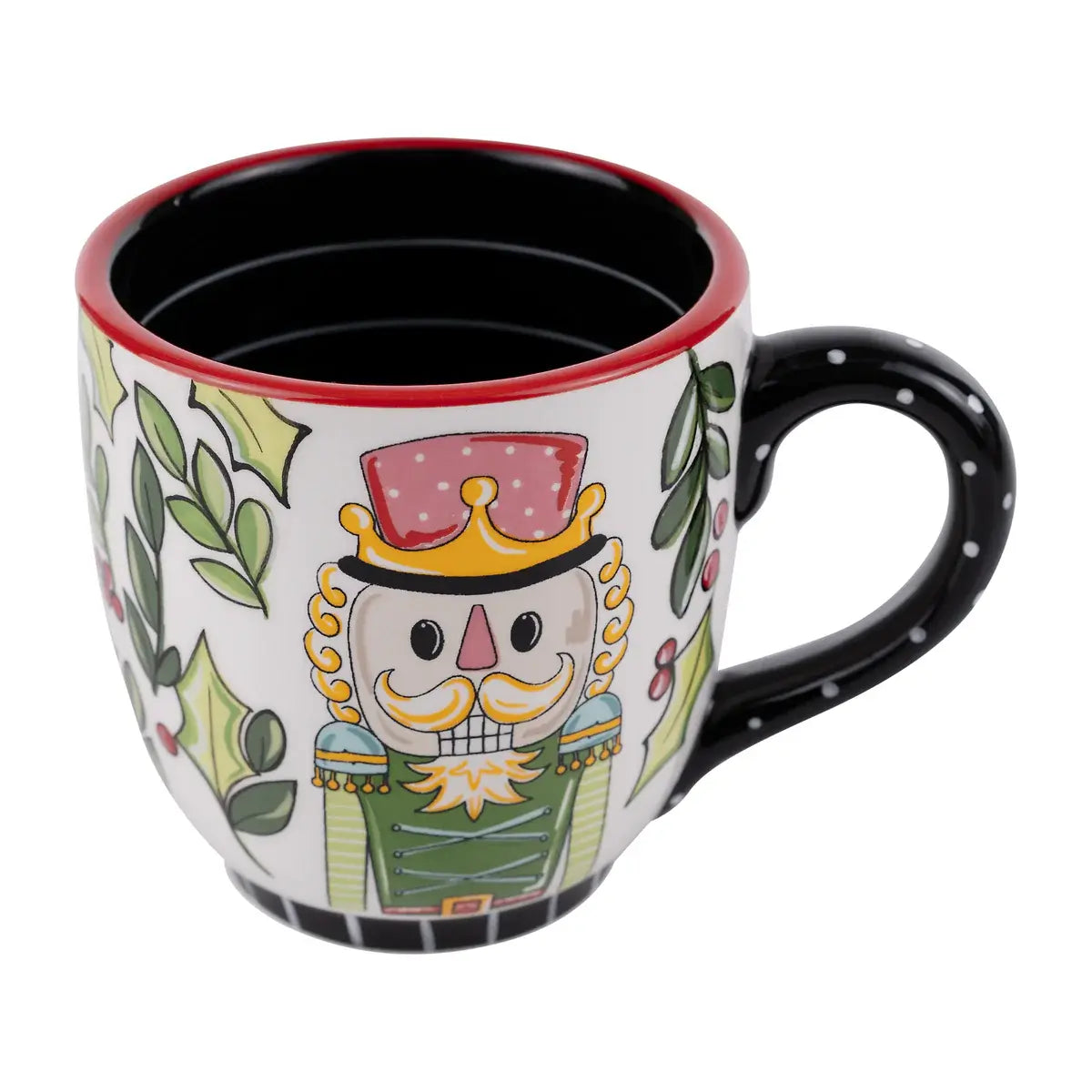 Jumbo ceramic mug featuring a red nutcracker soldier with black hat and beard against white background.