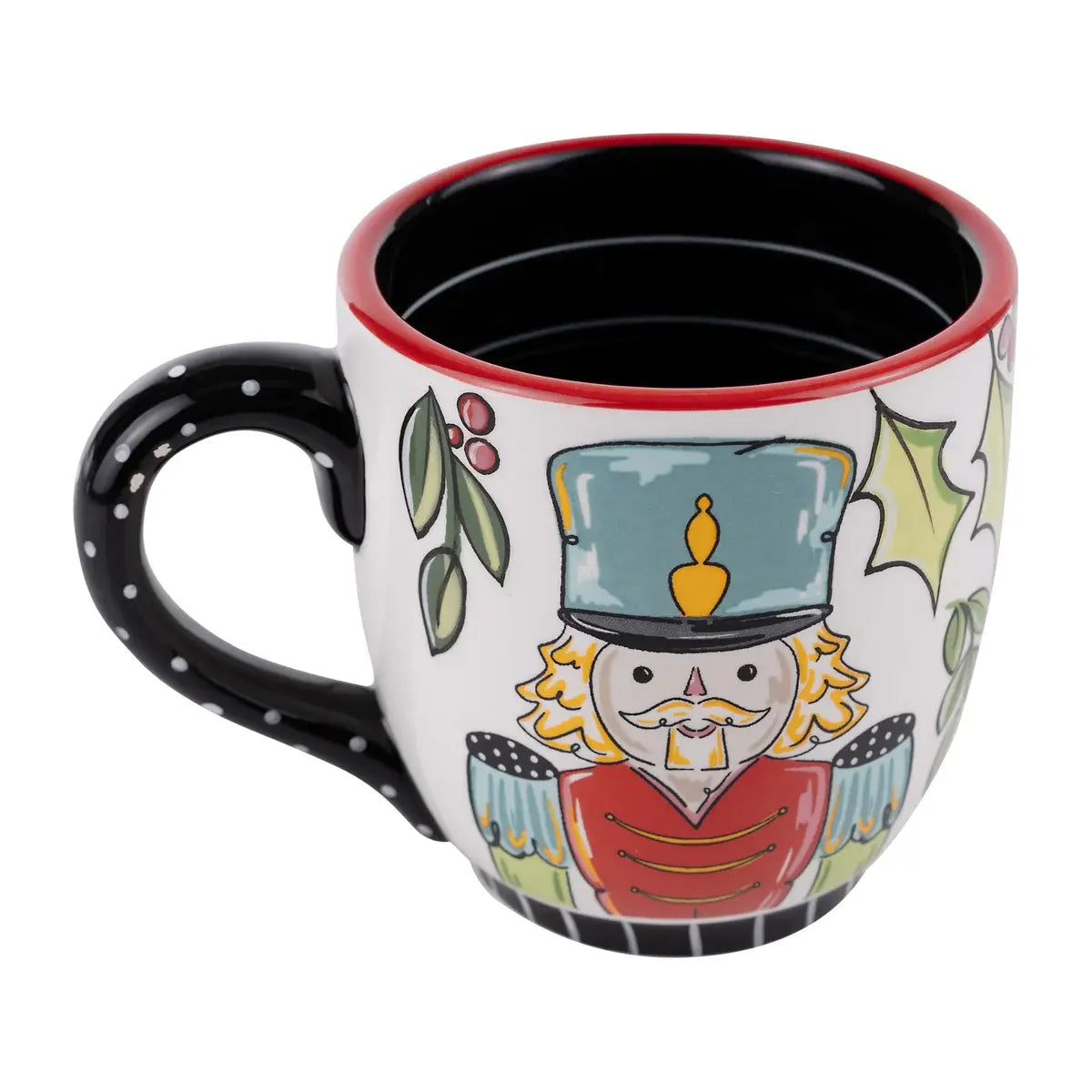Jumbo mug featuring a nutcracker soldier silhouette with red hat and blue uniform against white ceramic.