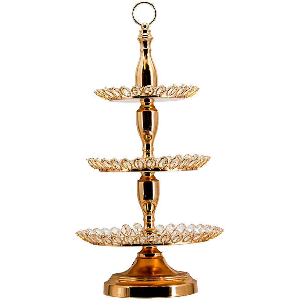 Three-tier gold serving stand with clear crystal accents
