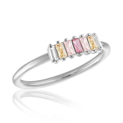 Vertical pink transitional mini baguette stack ring in silver with multi-colored stones.