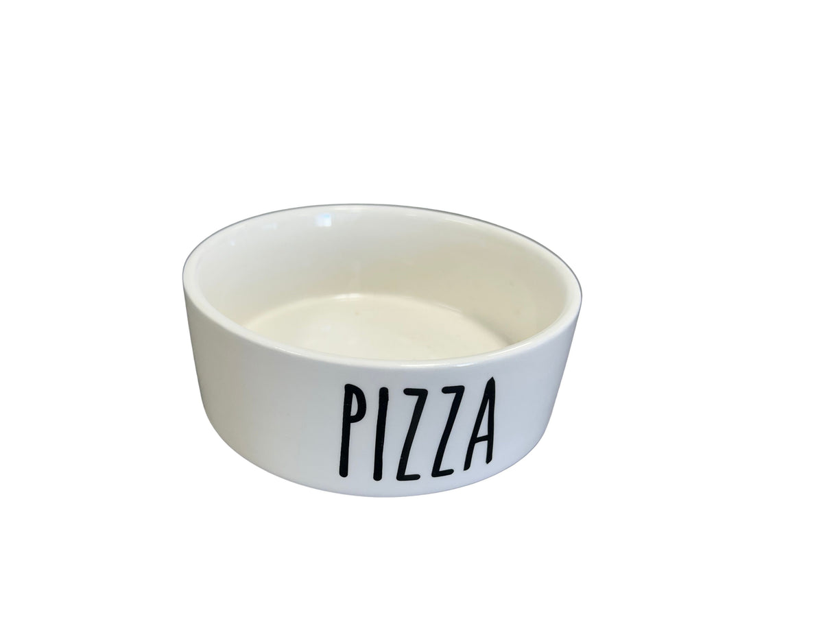 White ceramic bowl with the word PIZZA printed in black capital letters on the side.