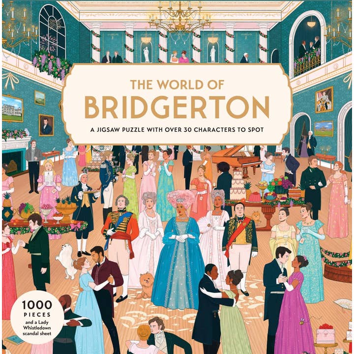The World of Bridgerton puzzle box featuring a colorful Regency-era romance scene with period costumes and floral patterns.