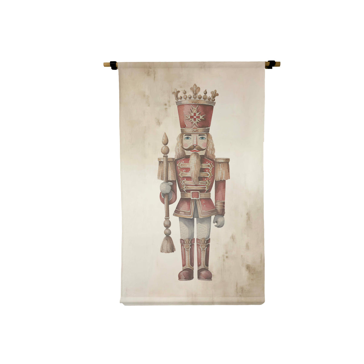 Small vertical canvas scroll featuring a vintage-style nutcracker illustration in red and gold.