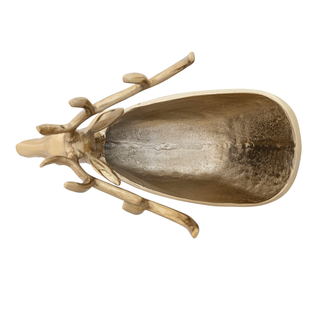Top view of a gold-finished cast aluminum reindeer-shaped bowl and bottle holder.