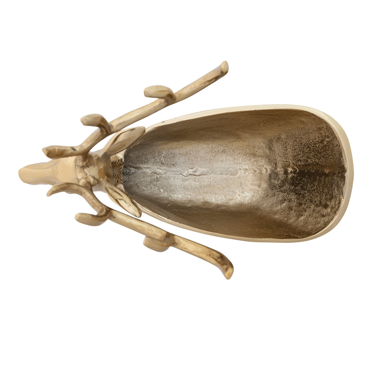 Top view of a gold-finished cast aluminum reindeer-shaped bowl and bottle holder.