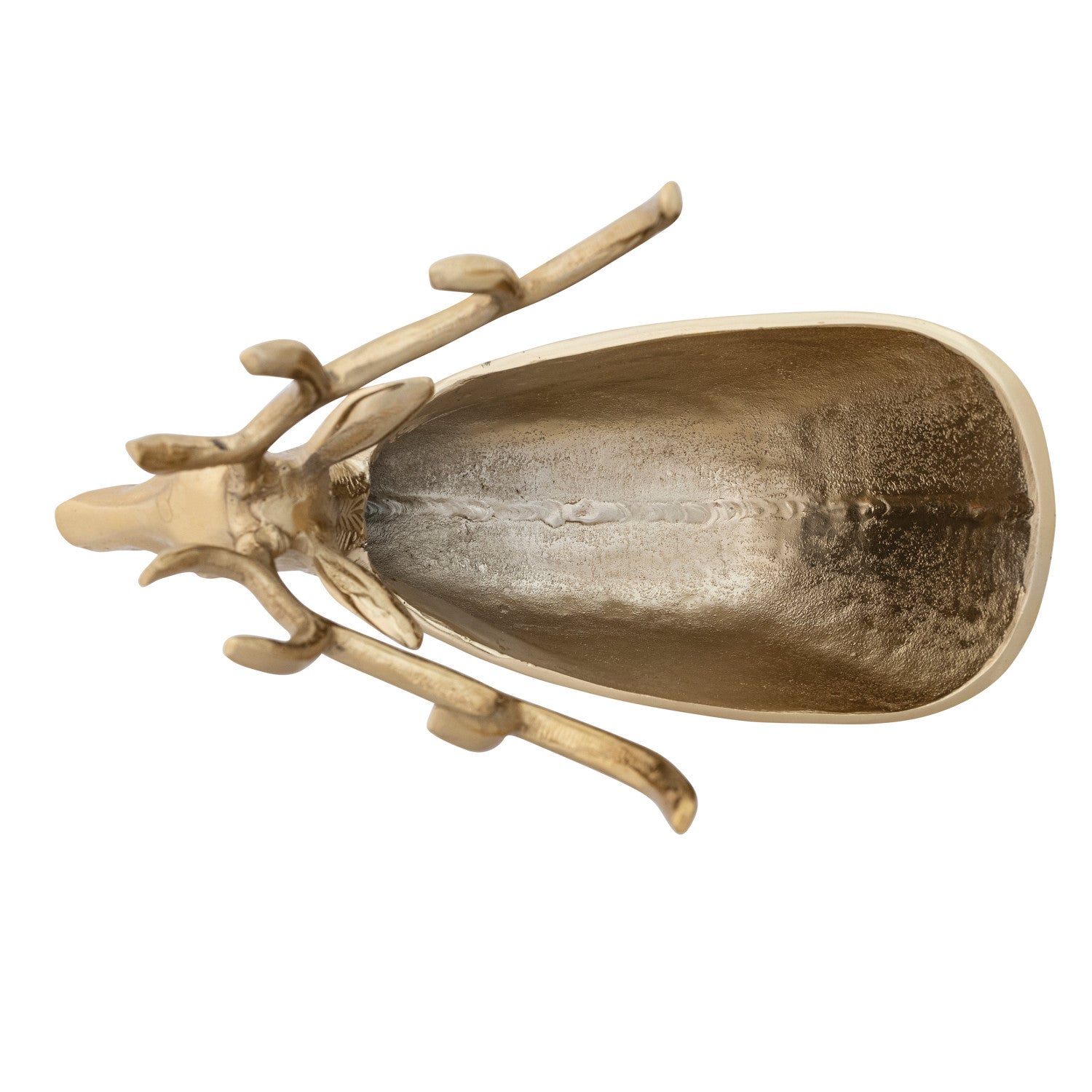 Top view of a gold-finished cast aluminum reindeer-shaped bowl and bottle holder.