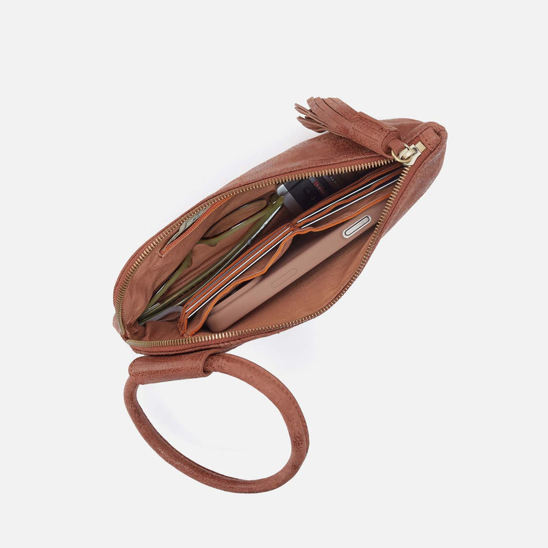 Sable burnished saddle leather wristlet with zip closure, bill slot, card slots, and phone pocket.