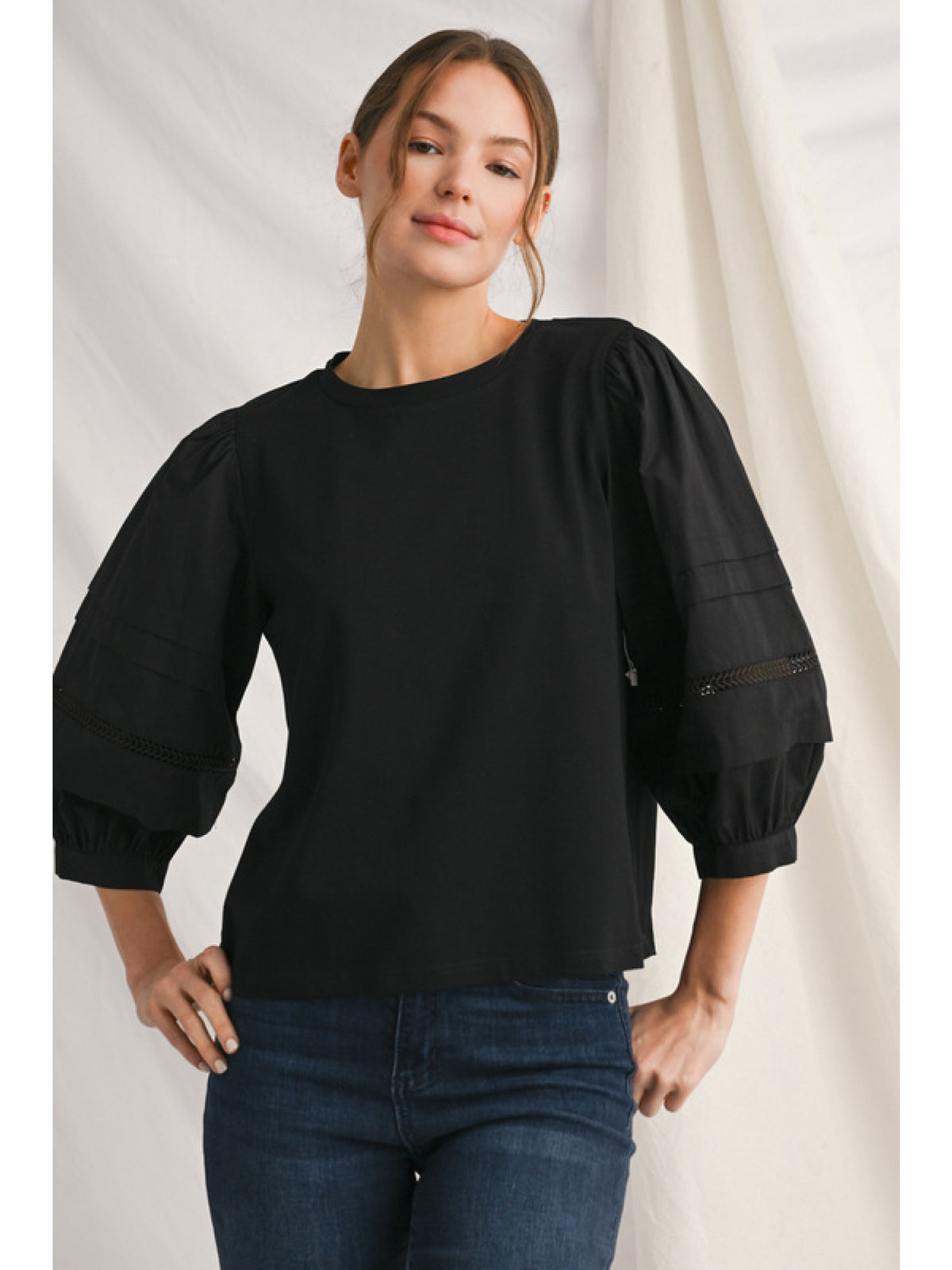 Alice solid top with ladder lace trim at neckline and cuffs