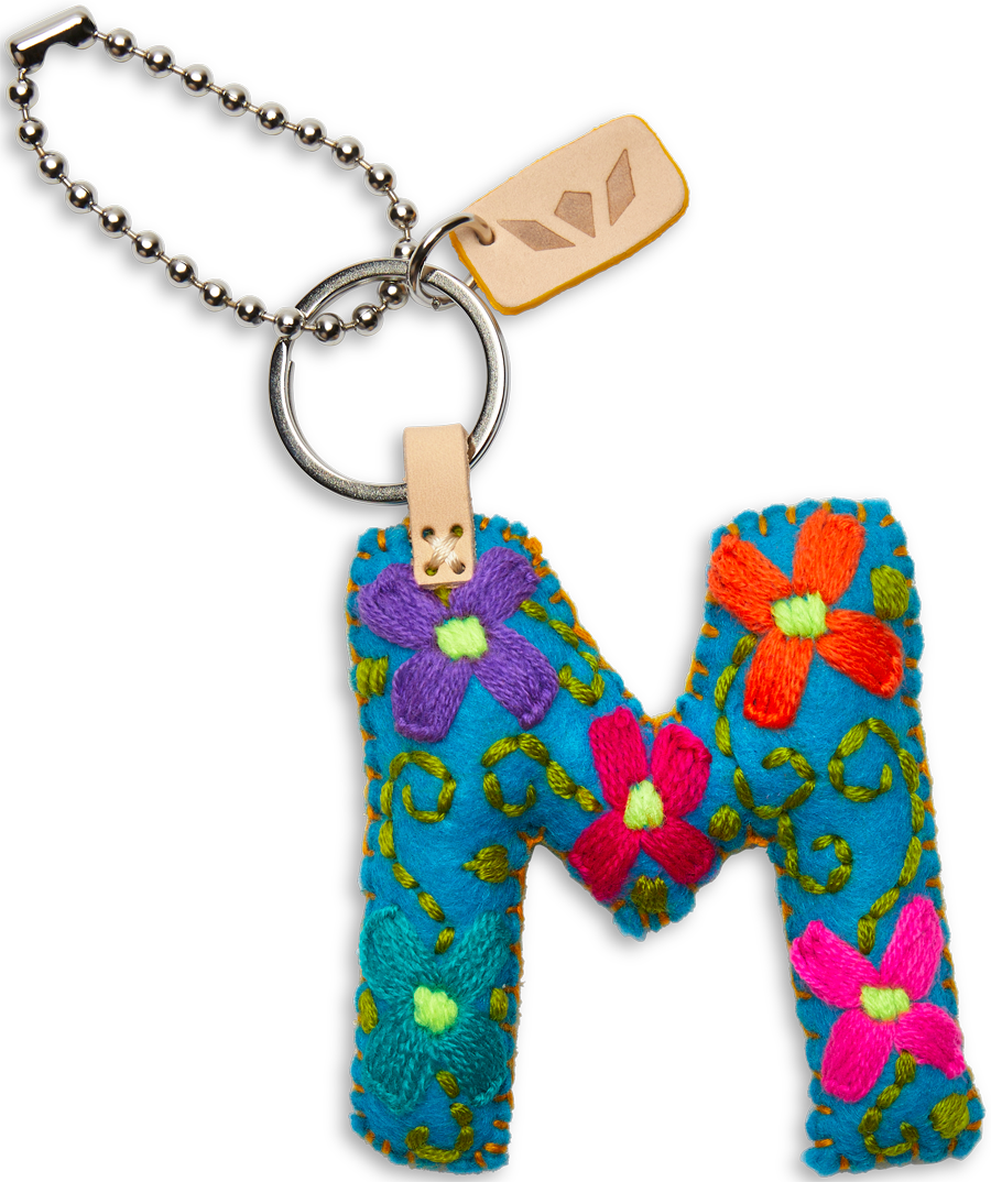 Felt letter charm in bright colors with attached keyring chain