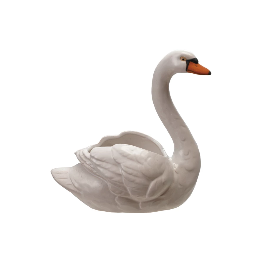Stoneware Swan Planter, White ,Orange Color & Black