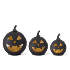 Set of 3 Black & Gold Laser Engraved Jack o Lantern LED Globes w/Timers