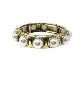 Gold-toned stretch cuff bracelet featuring large inset white faux pearls.